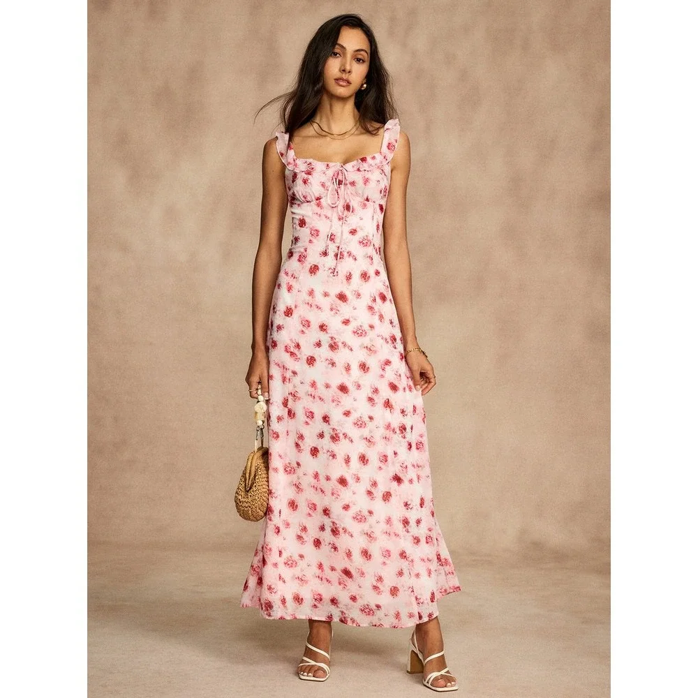Commense Floral Maxi Dress Open Back Ruffle Tie Cottagecore‎ size XL/12US - Picture 4 of 6